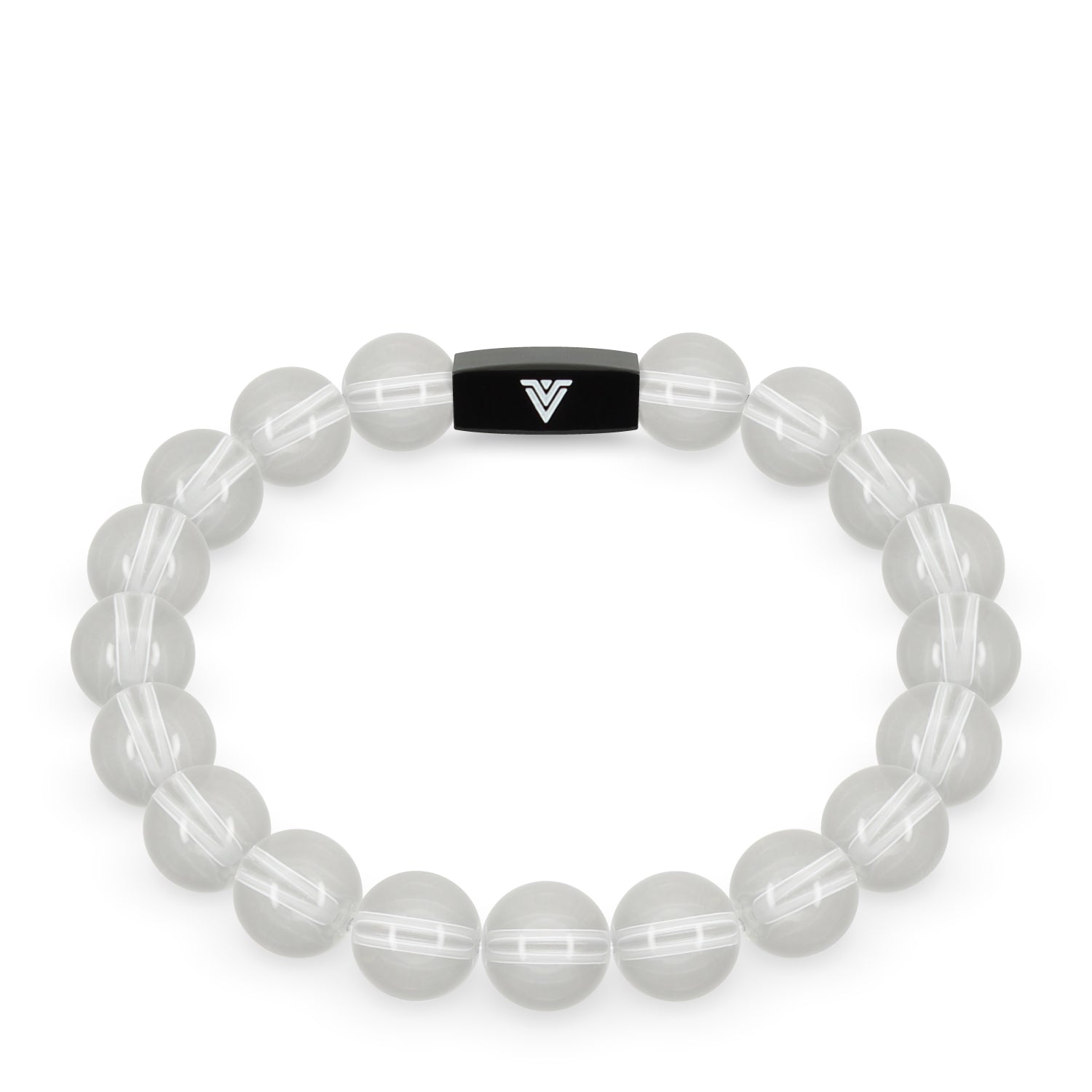 Front view of a 10mm Quartz crystal beaded stretch bracelet with black stainless steel logo bead made by Voltlin