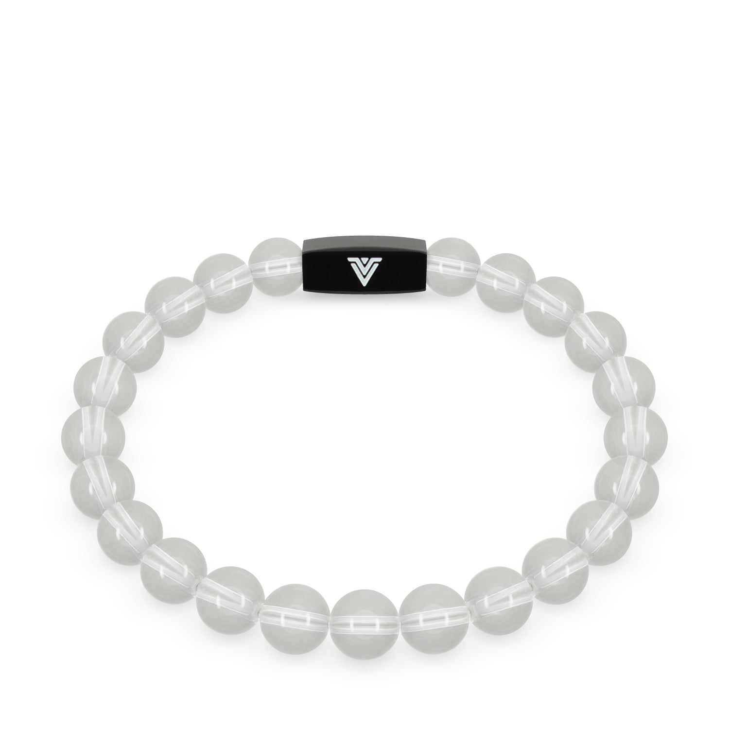 Front view of an 8mm Quartz crystal beaded stretch bracelet with black stainless steel logo bead made by Voltlin