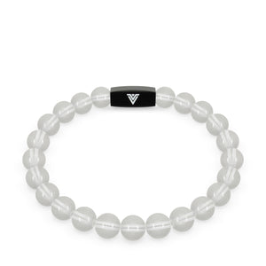 Front view of an 8mm Quartz crystal beaded stretch bracelet with black stainless steel logo bead made by Voltlin