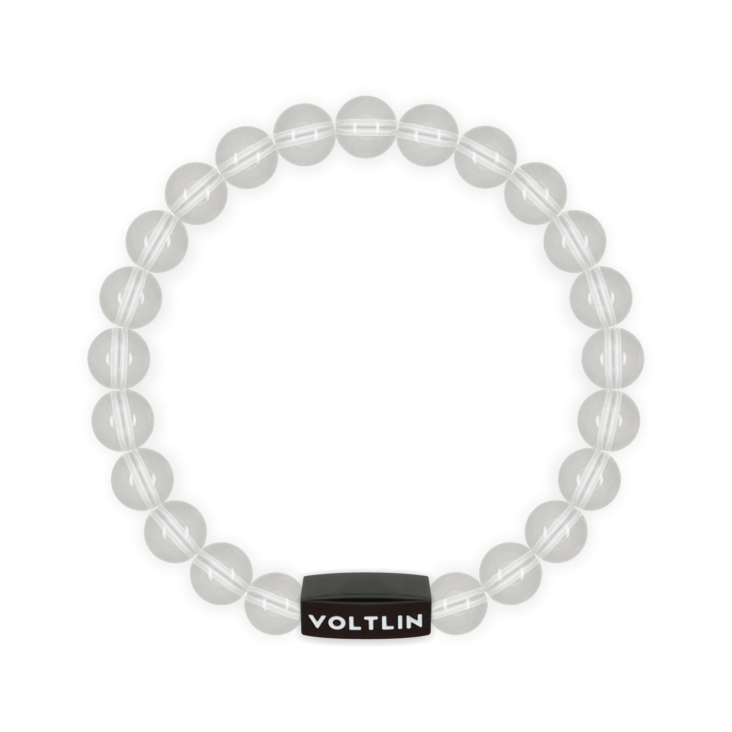 Top view of an 8mm Quartz crystal beaded stretch bracelet with black stainless steel logo bead made by Voltlin