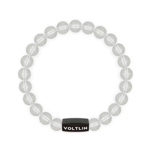 Top view of an 8mm Quartz crystal beaded stretch bracelet with black stainless steel logo bead made by Voltlin