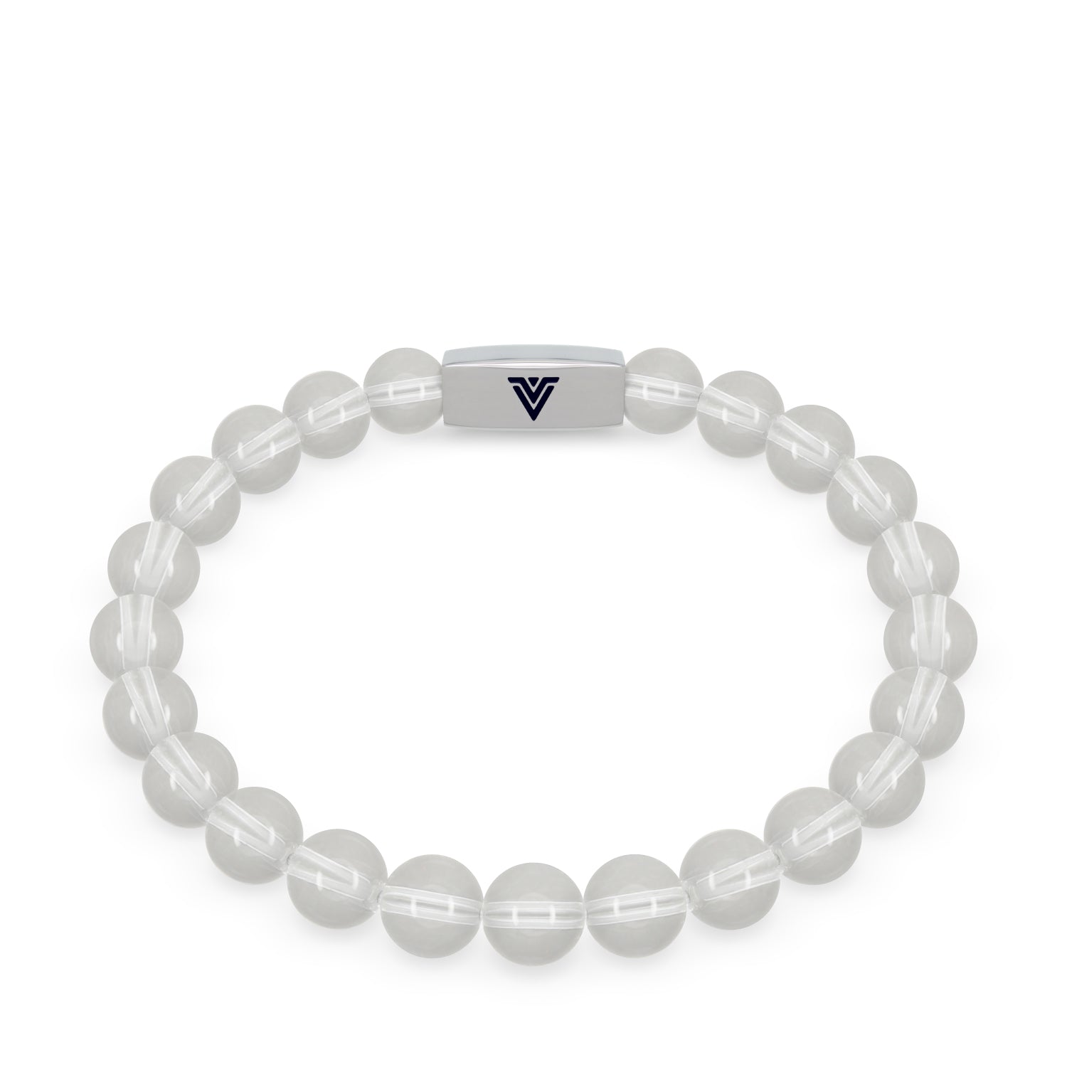 Front view of an 8mm Quartz beaded stretch bracelet with silver stainless steel logo bead made by Voltlin