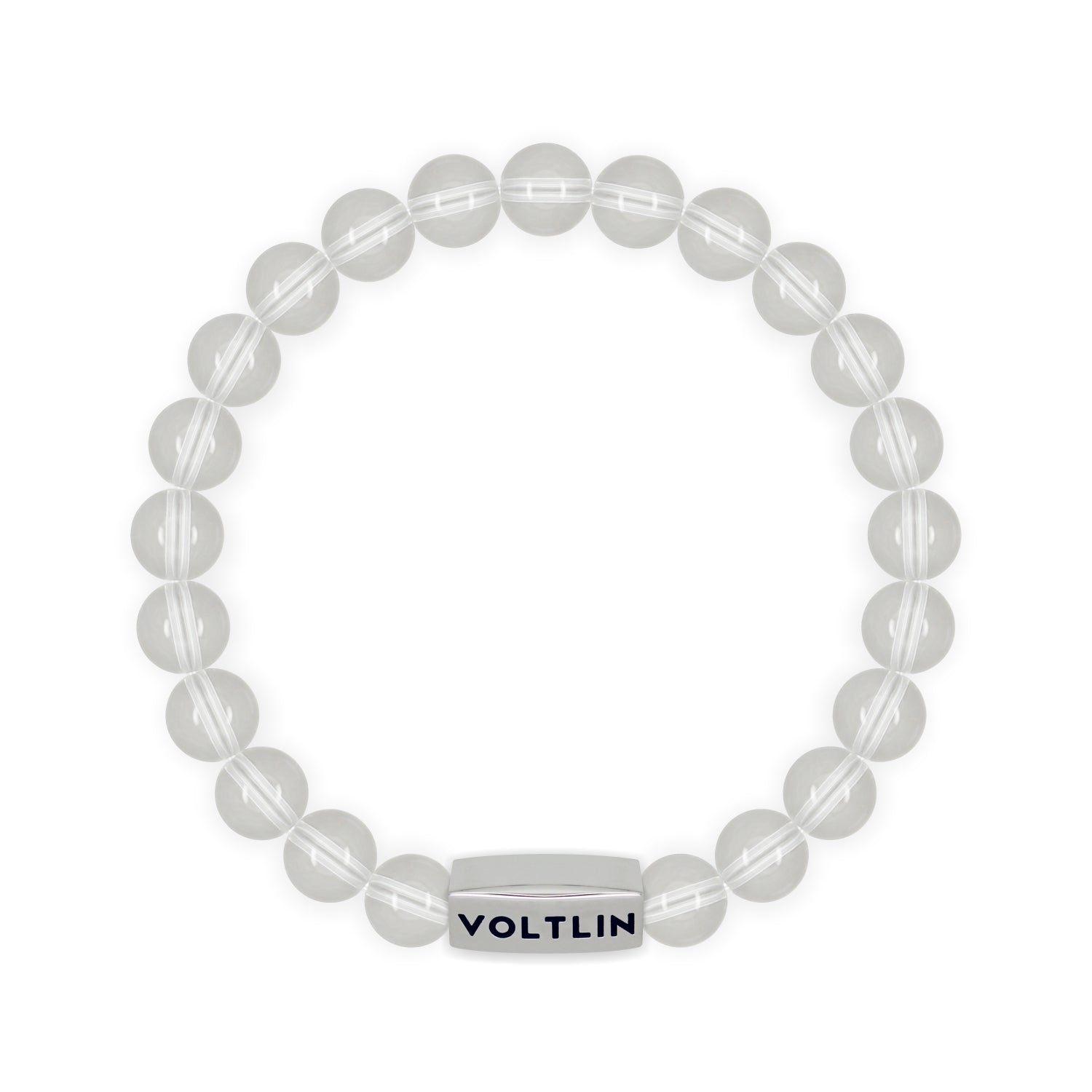 Front view of an 8mm Quartz beaded stretch bracelet with silver stainless steel logo bead made by Voltlin