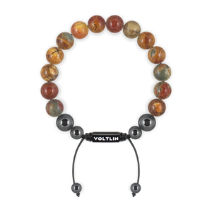 Top view of a 10mm Red Creek Jasper crystal beaded shamballa bracelet with black stainless steel logo bead made by Voltlin