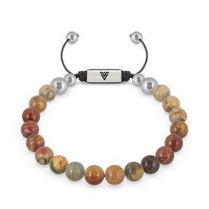 Front view of an 8mm Red Creek Jasper beaded shamballa bracelet with silver stainless steel logo bead made by Voltlin