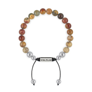 Top view of an 8mm Red Creek Jasper beaded shamballa bracelet with silver stainless steel logo bead made by Voltlin