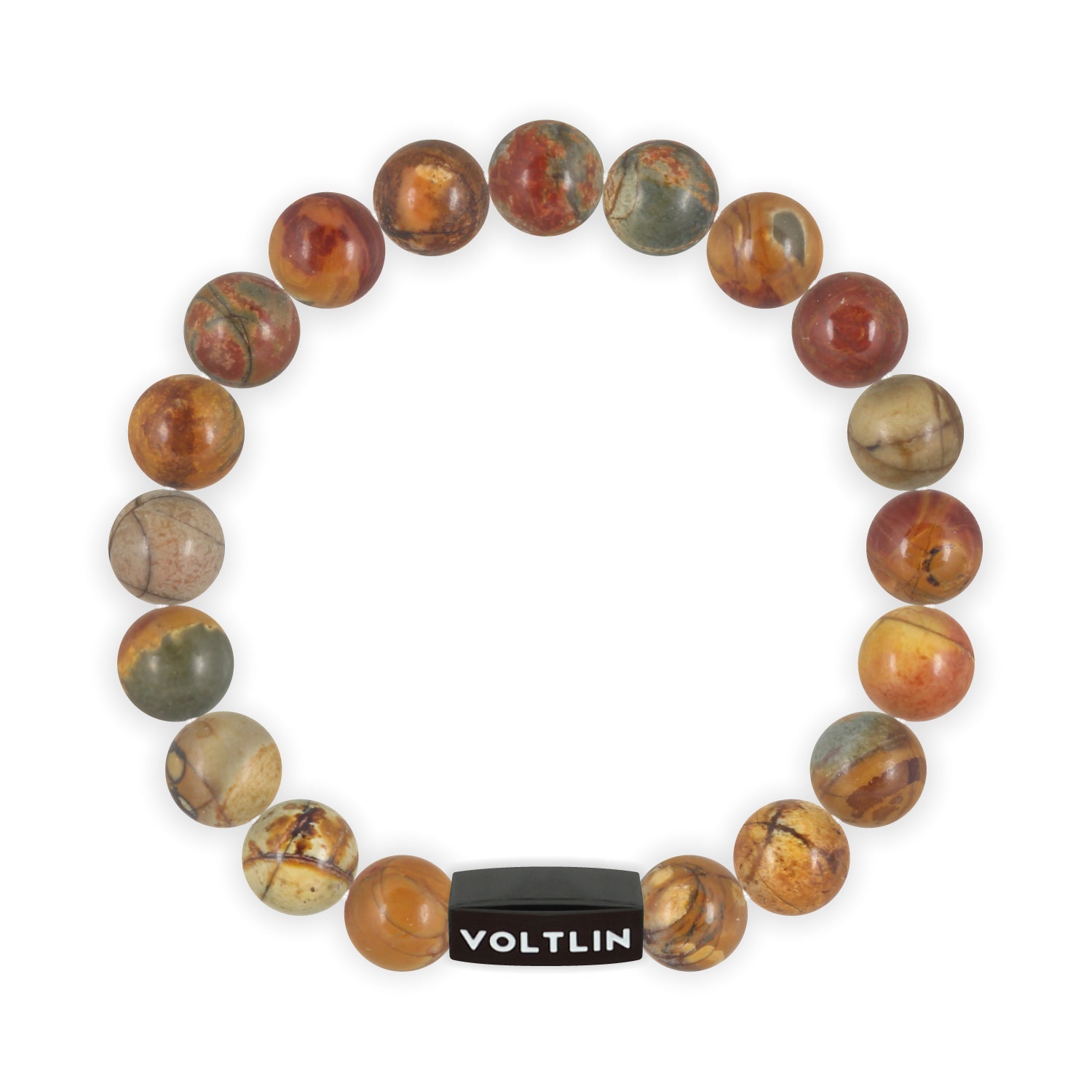 Top view of a 10mm Red Creek Jasper crystal beaded stretch bracelet with black stainless steel logo bead made by Voltlin
