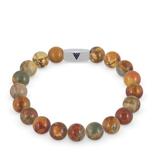Front view of a 10mm Red Creek Jasper beaded stretch bracelet with silver stainless steel logo bead made by Voltlin