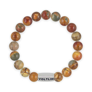 Top view of a 10mm Red Creek Jasper beaded stretch bracelet with silver stainless steel logo bead made by Voltlin