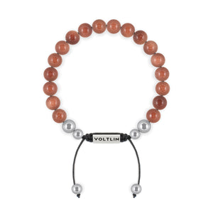 Top view of an 8mm Red Goldstone beaded shamballa bracelet with silver stainless steel logo bead made by Voltlin