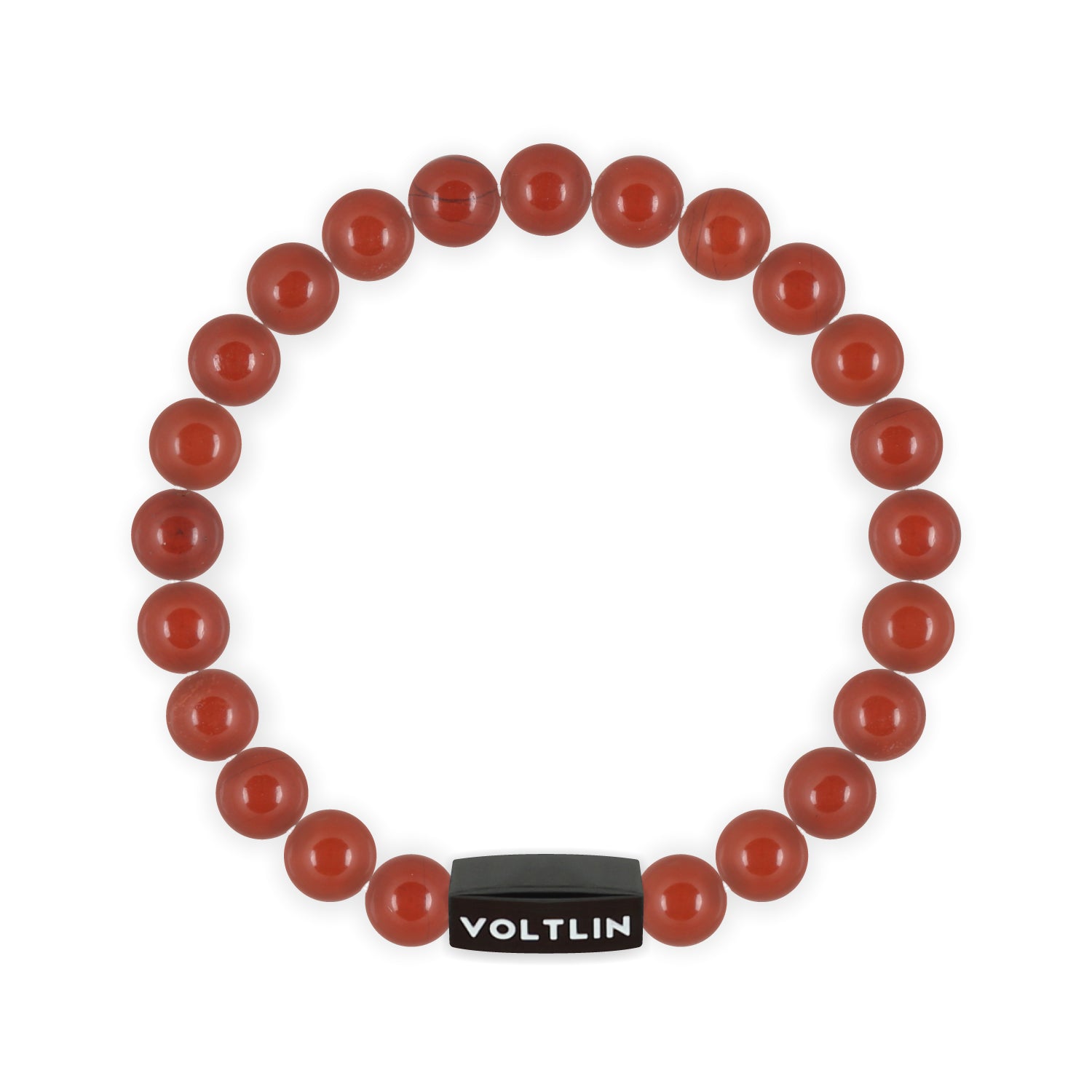 Top view of an 8mm Red Jasper crystal beaded stretch bracelet with black stainless steel logo bead made by Voltlin