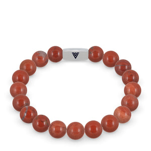 Front view of a 10mm Red Jasper beaded stretch bracelet with silver stainless steel logo bead made by Voltlin