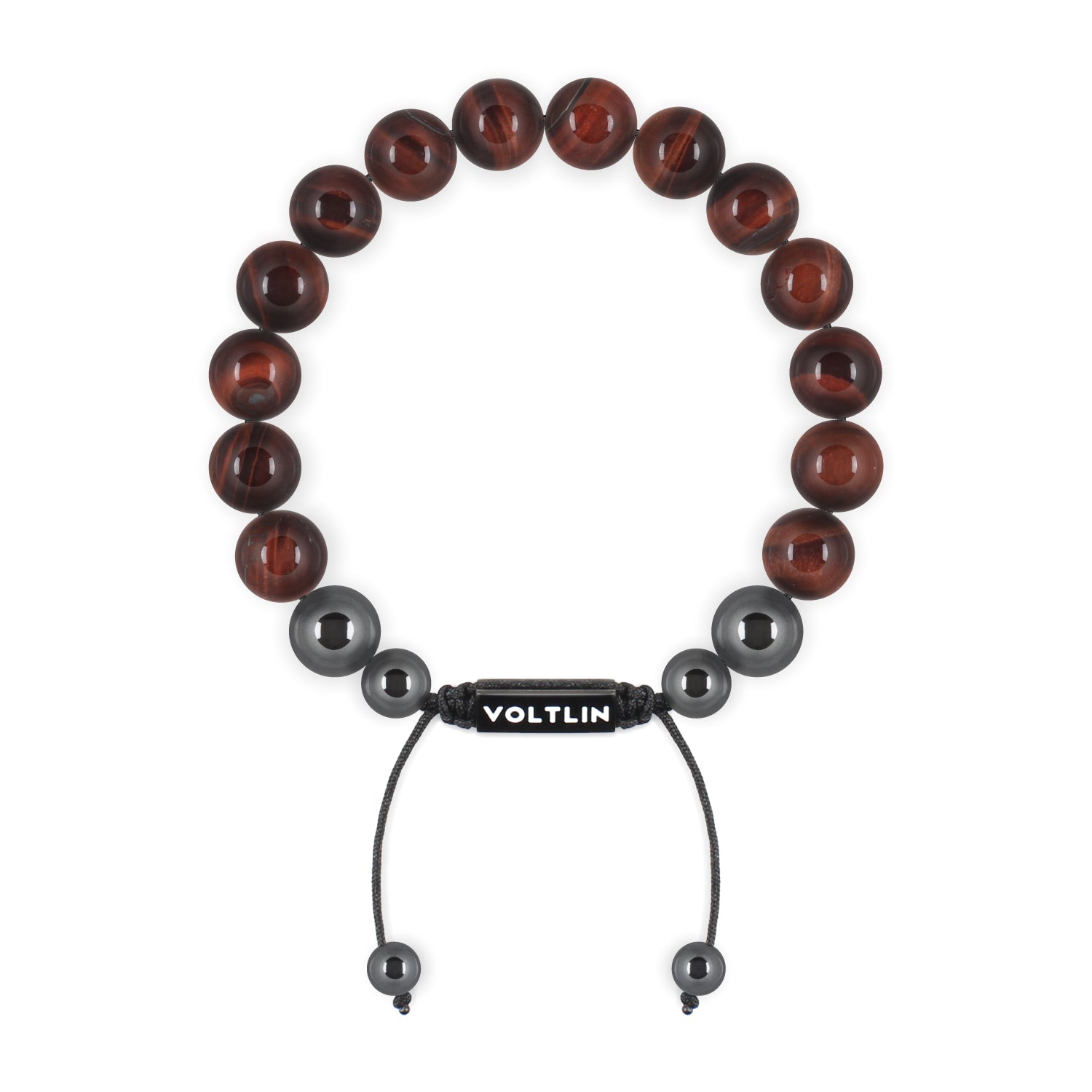Top view of a 10mm Red Tigers Eye crystal beaded shamballa bracelet with black stainless steel logo bead made by Voltlin