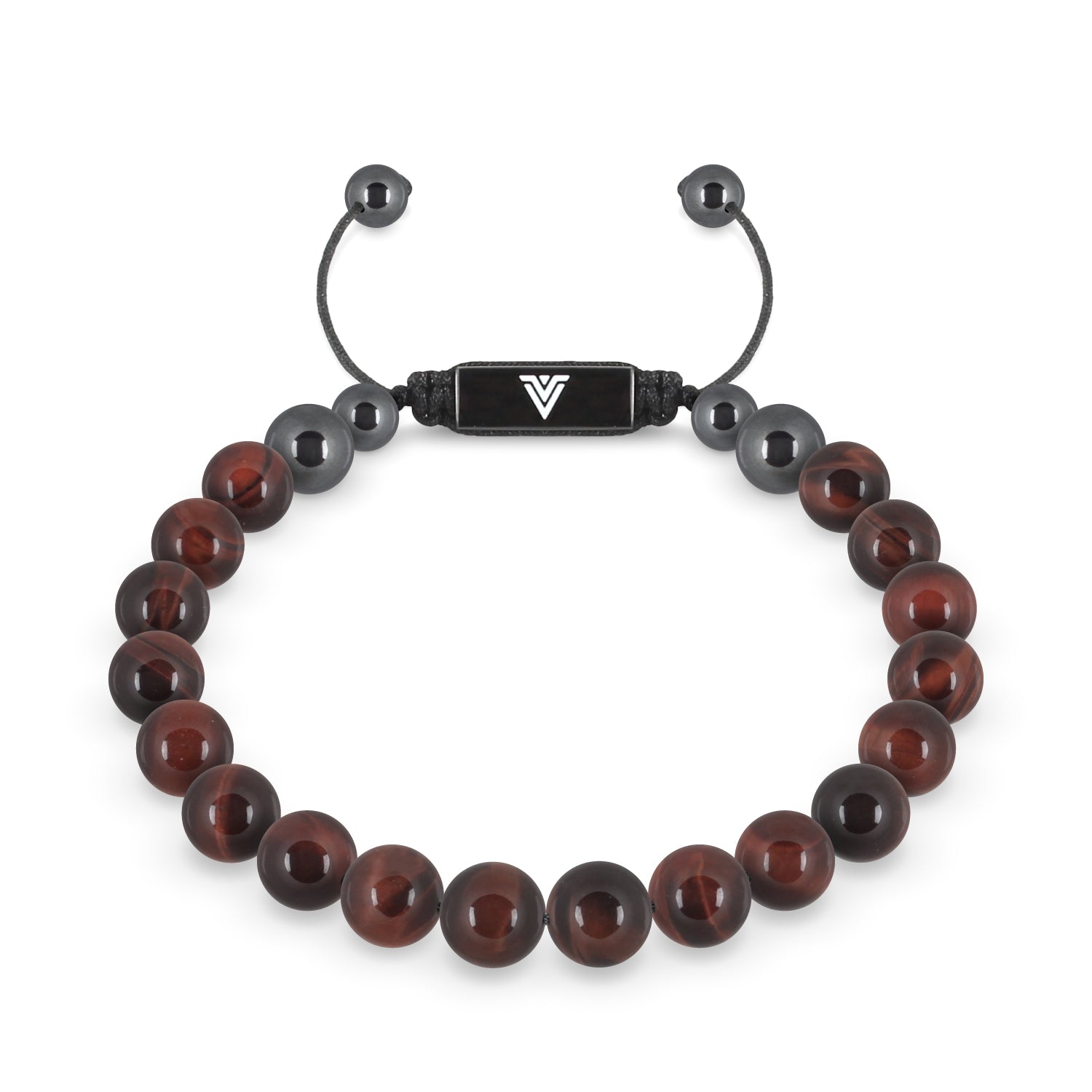 Front view of an 8mm Red Tigers Eye crystal beaded shamballa bracelet with black stainless steel logo bead made by Voltlin