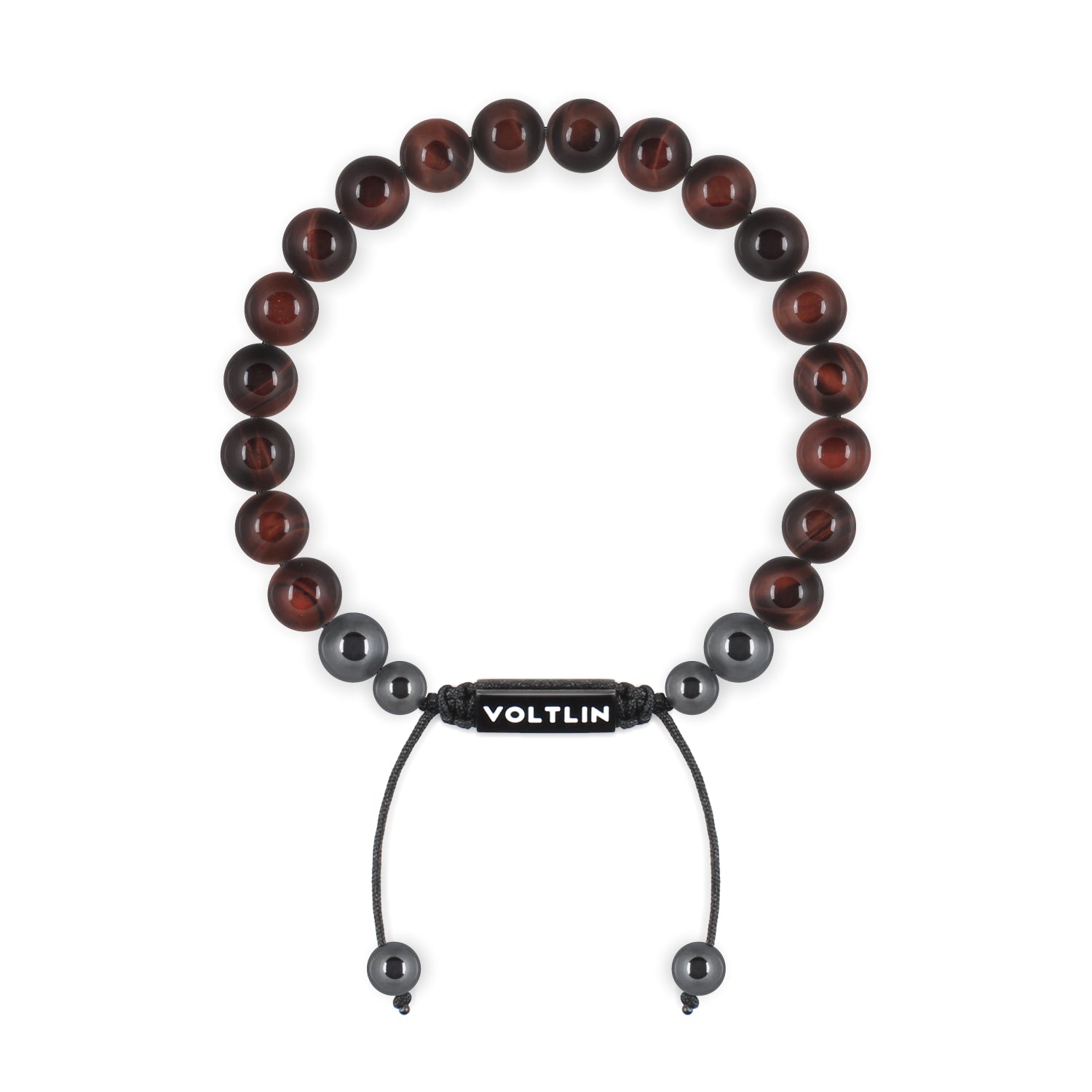Front view of an 8mm Red Tigers Eye crystal beaded shamballa bracelet with black stainless steel logo bead made by Voltlin