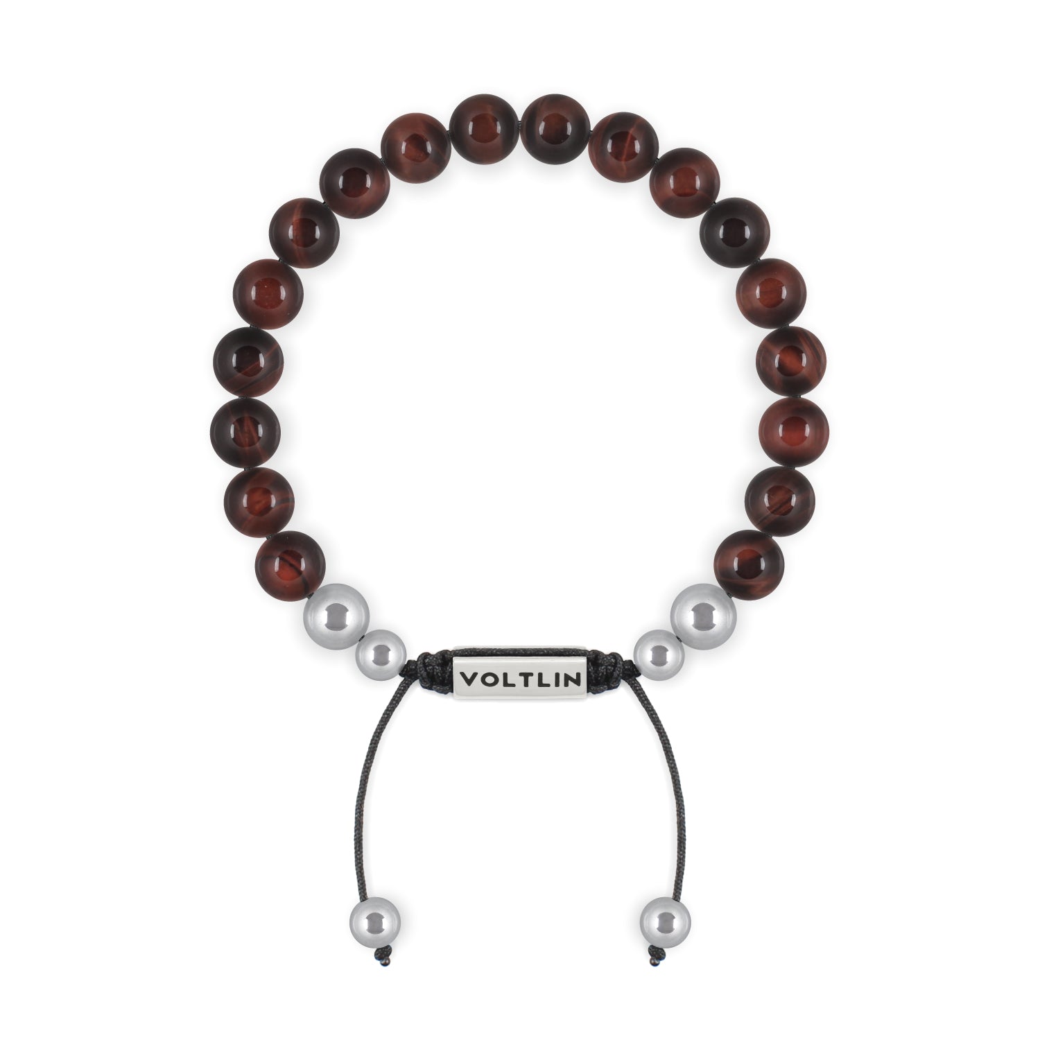 Top view of an 8mm Red Tiger's Eye beaded shamballa bracelet with silver stainless steel logo bead made by Voltlin