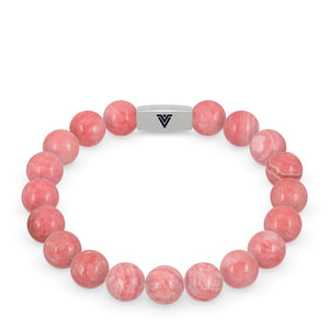 Front view of a 10mm Rhodochrosite beaded stretch bracelet with silver stainless steel logo bead made by Voltlin