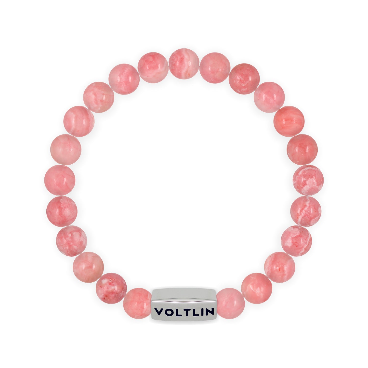 Top view of an 8mm Rhodochrosite beaded stretch bracelet with silver stainless steel logo bead made by Voltlin