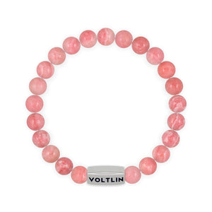Top view of an 8mm Rhodochrosite beaded stretch bracelet with silver stainless steel logo bead made by Voltlin