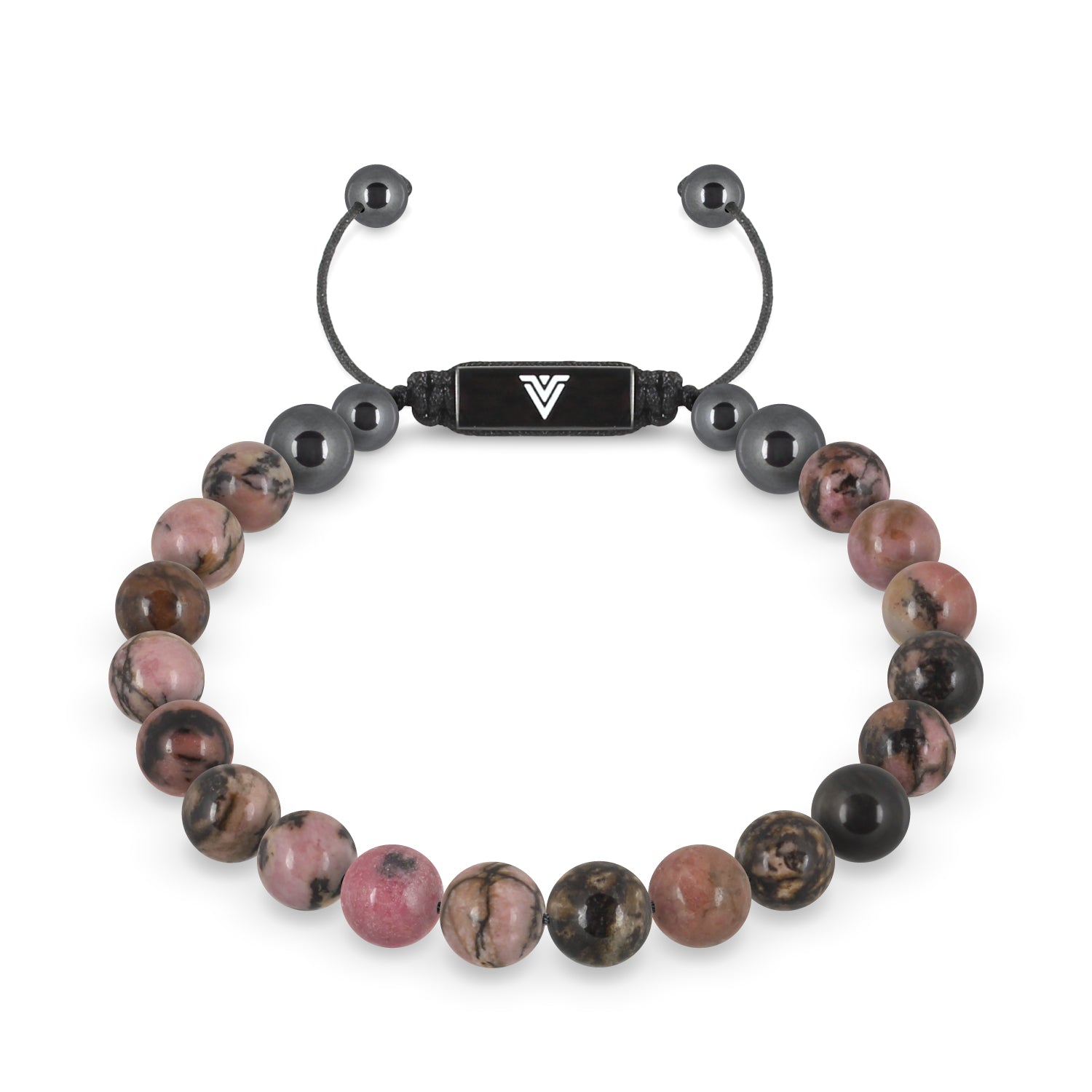 Front view of an 8mm Rhodonite crystal beaded shamballa bracelet with black stainless steel logo bead made by Voltlin