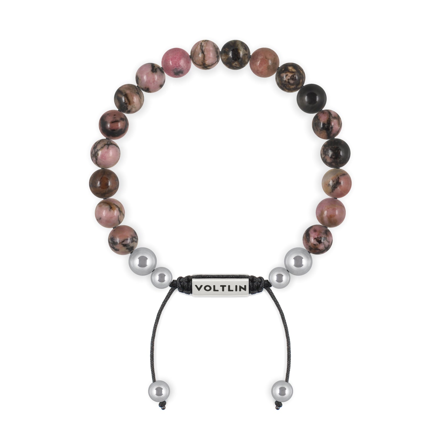 Top view of an 8mm Rhodonite beaded shamballa bracelet with silver stainless steel logo bead made by Voltlin