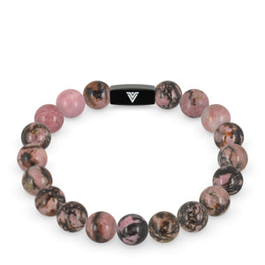 Front view of a 10mm Rhodonite crystal beaded stretch bracelet with black stainless steel logo bead made by Voltlin