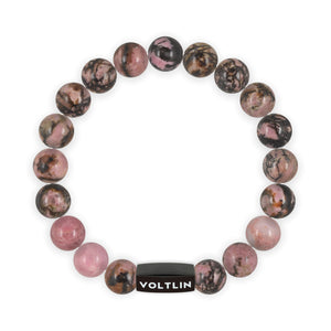 Top view of a 10mm Red Rhodonite crystal beaded stretch bracelet with black stainless steel logo bead made by Voltlin