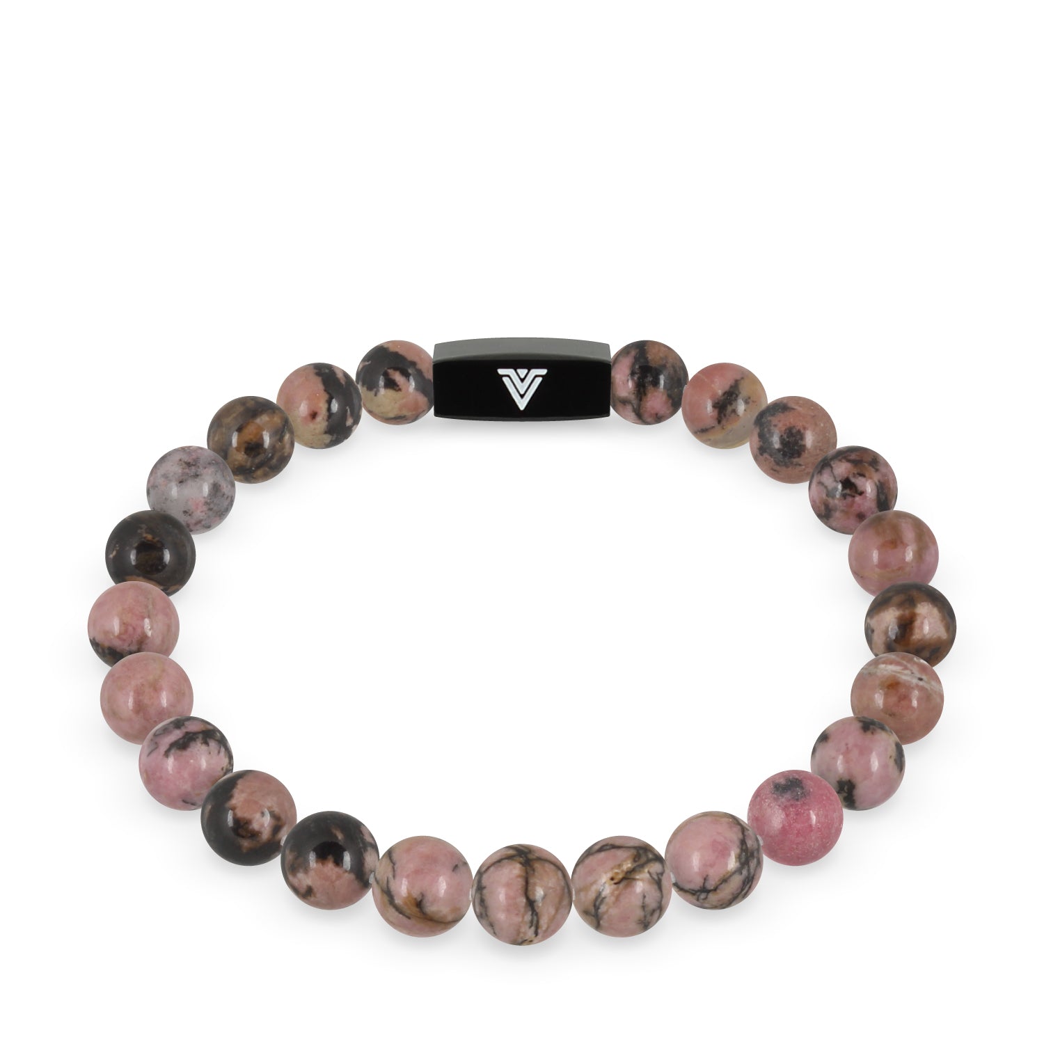 Front view of an 8mm Rhodonite crystal beaded stretch bracelet with black stainless steel logo bead made by Voltlin