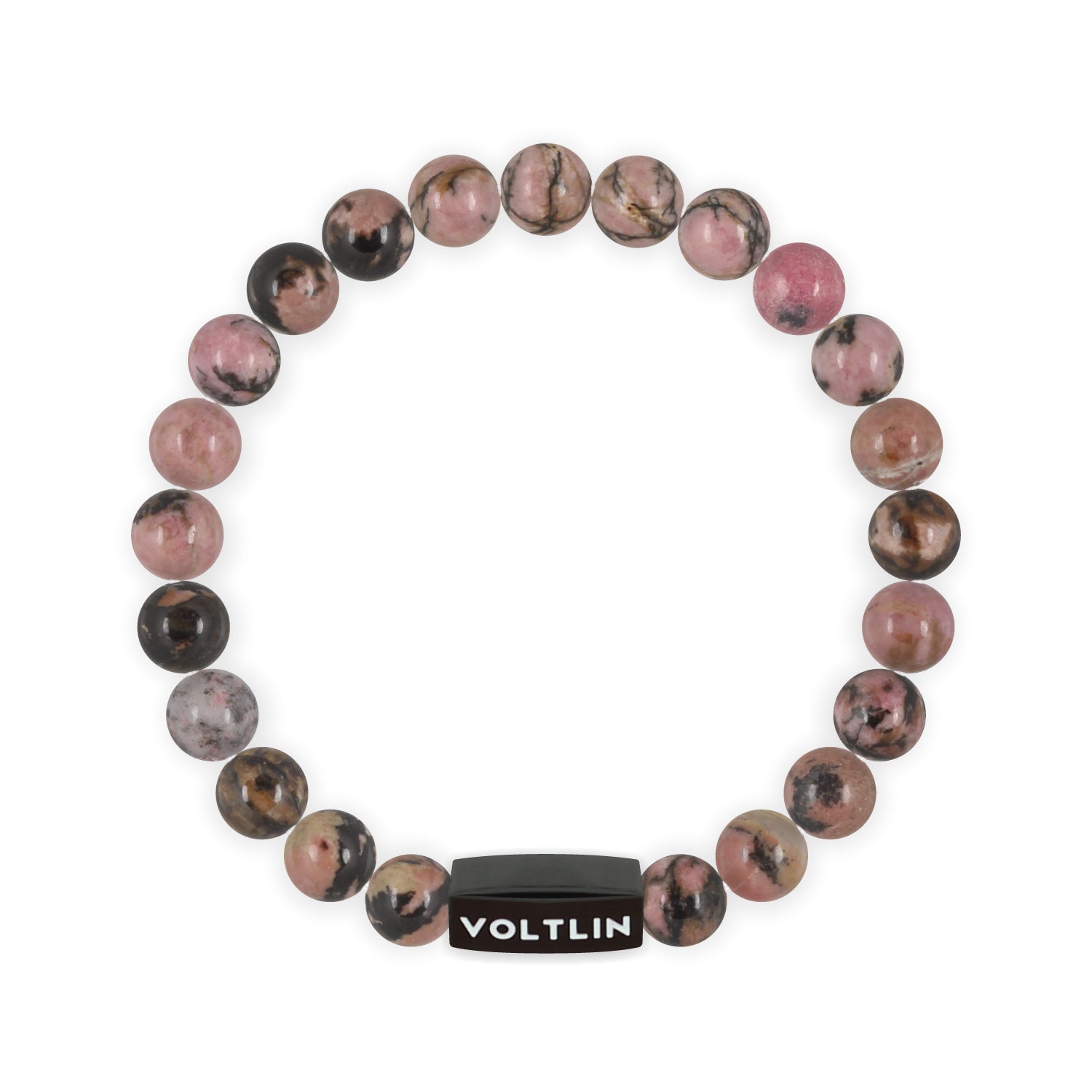 Front view of an 8mm Rhodonite crystal beaded stretch bracelet with black stainless steel logo bead made by Voltlin