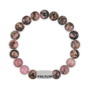 Top view of a 10mm Rhodonite beaded stretch bracelet with silver stainless steel logo bead made by Voltlin
