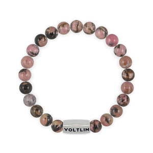 Top view of an 8mm Rhodonite beaded stretch bracelet with silver stainless steel logo bead made by Voltlin