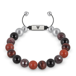 Front view of a 10mm Root Chakra beaded shamballa bracelet featuring Onyx, Red Jasper, Red Tiger's Eye, & Faceted Garnet crystal and silver stainless steel logo bead made by Voltlin