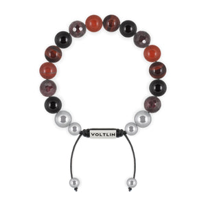 Top view of a 10mm Root Chakra beaded shamballa bracelet featuring Onyx, Red Jasper, Red Tiger's Eye, & Faceted Garnet crystal and silver stainless steel logo bead made by Voltlin