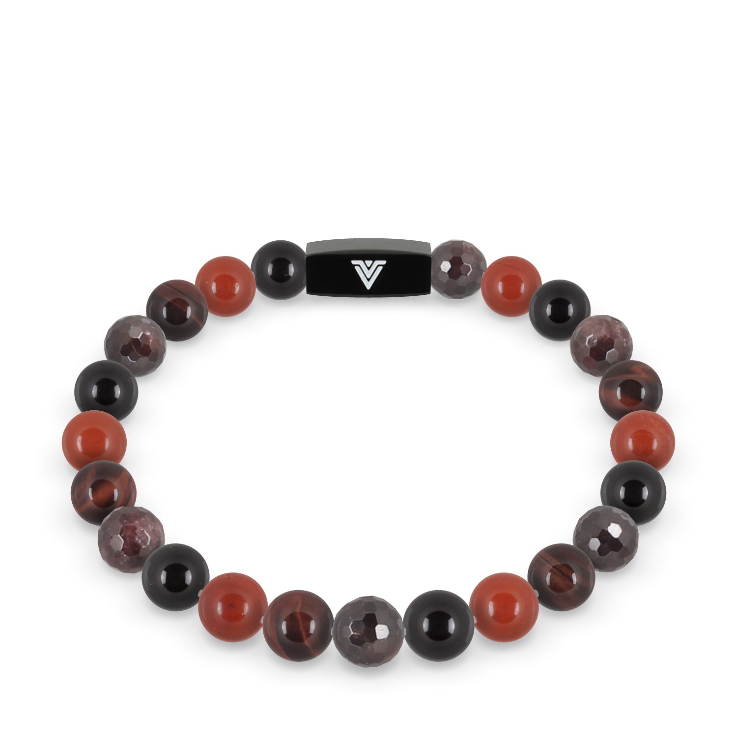 Front view of an 8mm Root Chakra crystal beaded stretch bracelet with black stainless steel logo bead made by Voltlin