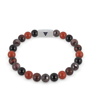 Front view of an 8mm Root Chakra beaded stretch bracelet featuring Onyx, Red Jasper, Red Tiger's Eye, & Faceted Garnet crystal and silver stainless steel logo bead made by Voltlin