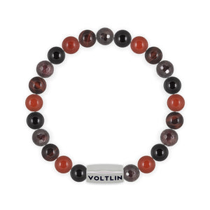 Top view of an 8mm Root Chakra beaded stretch bracelet featuring Onyx, Red Jasper, Red Tiger's Eye, & Faceted Garnet crystal and silver stainless steel logo bead made by Voltlin