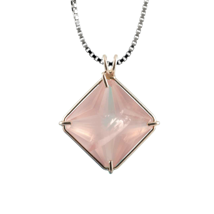 Rose Quartz Magician Stone Chain Pendant Sacred Geometry Crystal Jewelry, Unisex, Sterling Silver, VOLTLIN