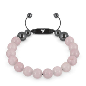 Front view of a 10mm Rose Quartz crystal beaded shamballa bracelet with black stainless steel logo bead made by Voltlin