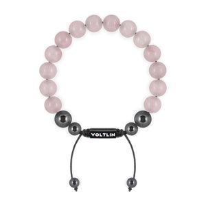 Top view of a 10mm Rose Quartz crystal beaded shamballa bracelet with black stainless steel logo bead made by Voltlin