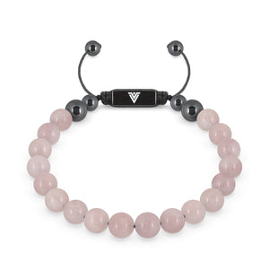 Front view of an 8mm Rose Quartz crystal beaded shamballa bracelet with black stainless steel logo bead made by Voltlin