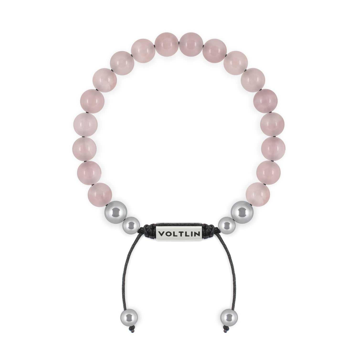 Front view of an 8mm Rose Quartz beaded shamballa bracelet with silver stainless steel logo bead made by Voltlin