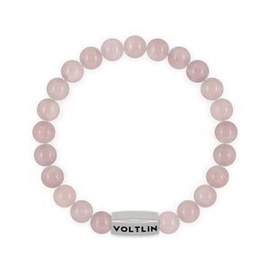 Top view of an 8mm Rose Quartz beaded stretch bracelet with silver stainless steel logo bead made by Voltlin
