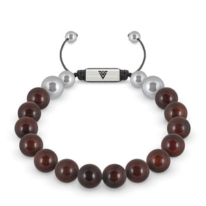Front view of a 10mm Rosewood beaded shamballa bracelet with silver stainless steel logo bead made by Voltlin