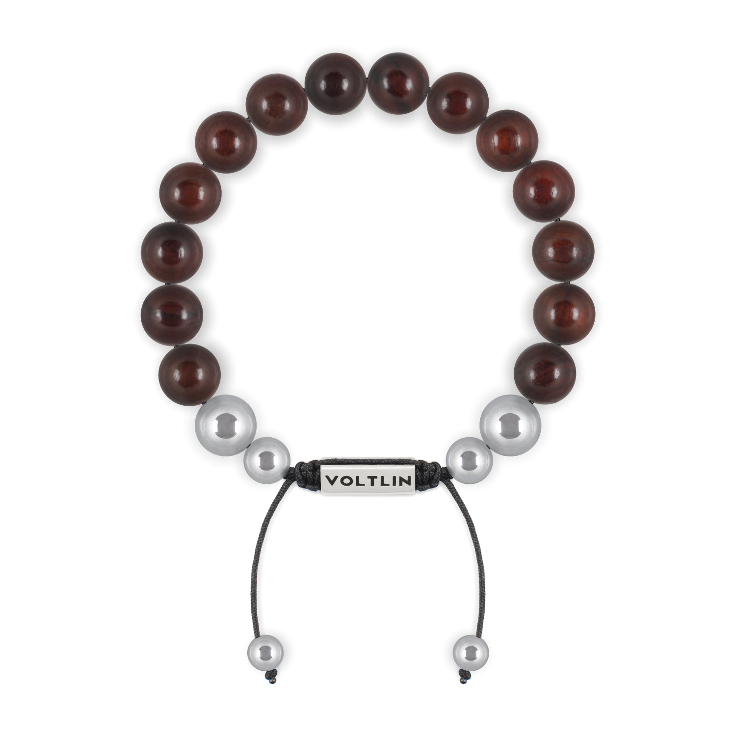 Top view of a 10mm Rosewood beaded shamballa bracelet with silver stainless steel logo bead made by Voltlin