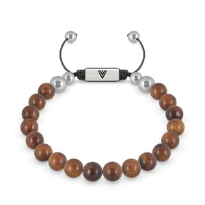 Front view of an 8mm Rosewood beaded shamballa bracelet with silver stainless steel logo bead made by Voltlin