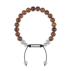Top view of an 8mm Rosewood beaded shamballa bracelet with silver stainless steel logo bead made by Voltlin