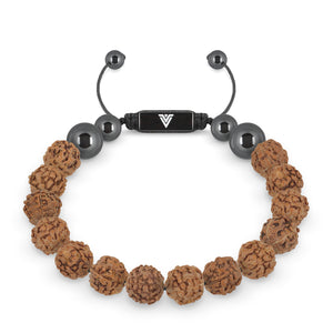 Front view of a 10mm Rudraksha crystal beaded shamballa bracelet with black stainless steel logo bead made by Voltlin