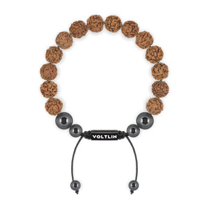 Top view of a 10mm Rudraksha crystal beaded shamballa bracelet with black stainless steel logo bead made by Voltlin