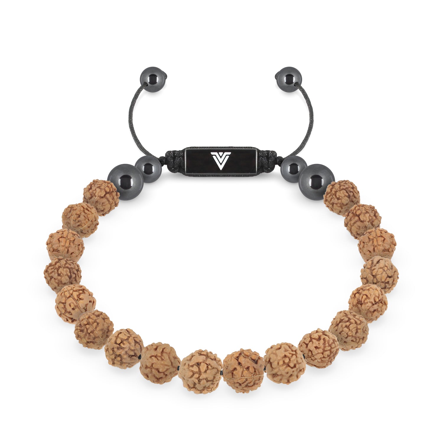Front view of an 8mm Rudraksha crystal beaded shamballa bracelet with black stainless steel logo bead made by Voltlin