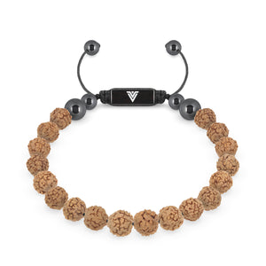 Front view of an 8mm Rudraksha crystal beaded shamballa bracelet with black stainless steel logo bead made by Voltlin